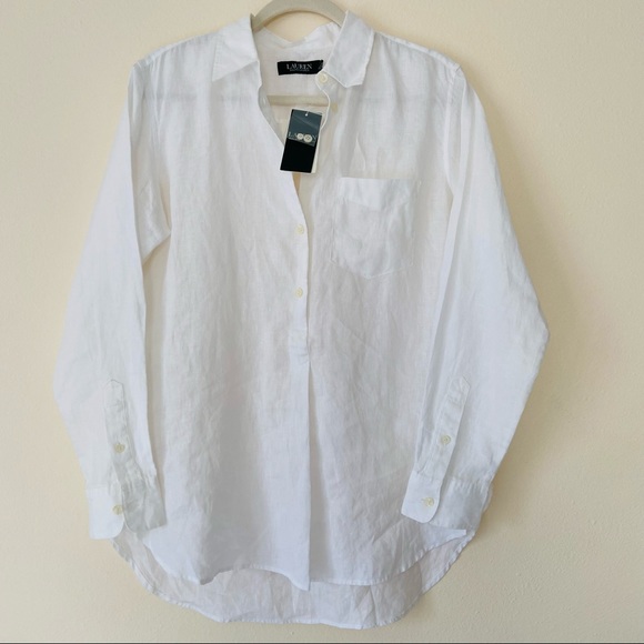 New Lauren Ralph Lauren white linen relaxed fit half button long sleeve shirt - Picture 7 of 11